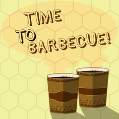 Handwriting text writing Time To Barbecue. Conceptual photo Relaxing cooking meat chicken pork on grill Summer activity Two To Go Cup with Beverage and Steam icon Blank Speech Bubble photo