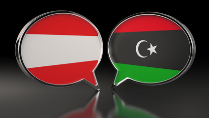 Fototapeta premium Austria and Libya flags with Speech Bubbles. 3D Illustration