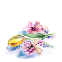 Greeting card with flowers. Watercolor tulips. Floral bouquet. Wedding invitation floral design. Painting flowers.