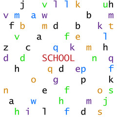 Pattern from English letters and an inscription school. Vector of a background from the English alphabet and the word school.