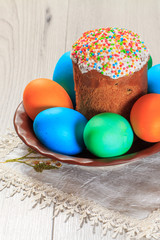 Easter cake and painted eggs on a plate with wooden background.
