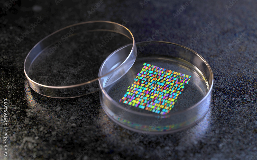 Poster petri dishes with samples for dna sequencing, 3d rendering,conceptual image.