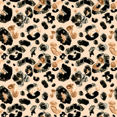 Motif harmonieux de peau de léopard ou de guépard animal à la mode sur fond beige. Imprimé léopard peint à la main à l& 39 aquarelle avec des taches brunes, oranges et noires pour le textile, les vêtements, le tissu