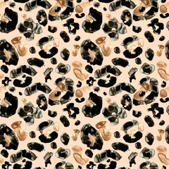 Papier Peint photo Lavable Pour elle Motif harmonieux de peau de léopard ou de guépard animal à la mode sur fond beige. Imprimé léopard peint à la main à l& 39 aquarelle avec des taches brunes, oranges et noires pour le textile, les vêtements, le tissu