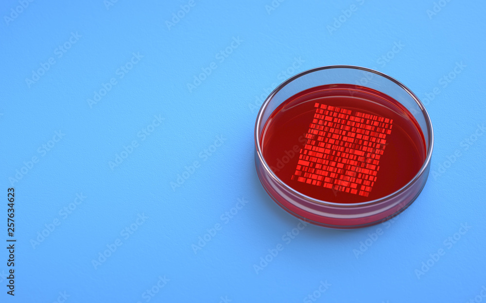 Poster petri dishes with samples for dna sequencing, 3d rendering,conceptual image.