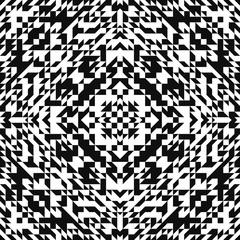 Seamless pattern with american indian style. Tribal boho plaid. Black and white navajo background. Textile geo print. Monochrome swatch.