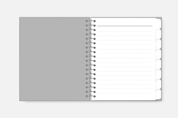 Open spiral notebook with tab dividers, vector mockup. Wire bound diary with gray cover and white dot lined sheets, template. Notepad first page