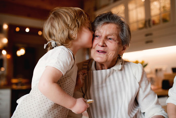 Senior grandmother with small toddler boy making cakes at home, kissing.