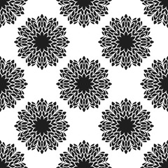 Seamless pattern with abstract flowers. Fashion textile print. Asian fabric background. Vector monochrome design. Perforation floral holes.