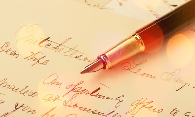 Fototapeta premium Vintage pen on paper, close up, business background
