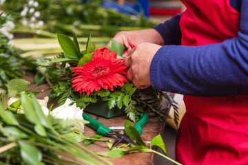 Close up of of woman florist creating bouquet of flowers.