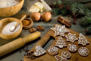 on the table laid out products for the preparation of cookies. View. Time for Christmas baking. Recipe Christmas gingerbread. Culinary background.