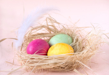 pink, green, yellow Easter eggs in nest with white feather