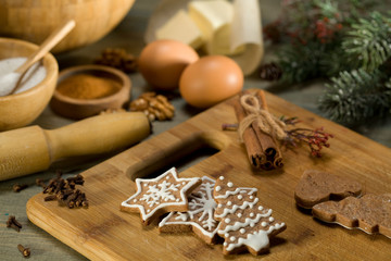 Time for Christmas baking. Recipe Christmas gingerbread. Culinary background. on the table laid out products for the preparation of cookies. 