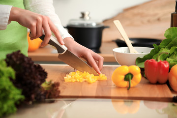 Unknown human hands cooking in kitchen. Woman slicing yellow bell pepper. Healthy meal, and vegetarian food concept