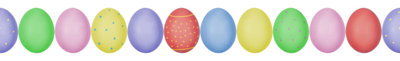 Close up photo of colorful painted Easter eggs with eggshell texture arranged in a row. Seamless pattern. Isolated on white background.