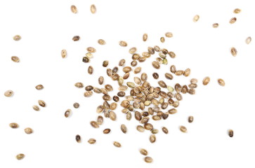 Hemp seeds isolated on white background, top view