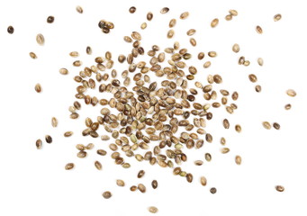 Hemp seeds isolated on white background, top view