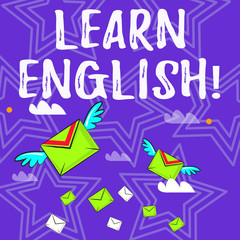 Text sign showing Learn English. Business photo text gain acquire knowledge in new language by study Many Colorful Airmail Flying Letter Envelopes and Two of Them with Wings