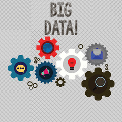 Writing note showing Big Data. Business concept for extremely large sets that may be analysed to reveal patterns Set of Global Online Social Networking Icons Cog Wheel Gear