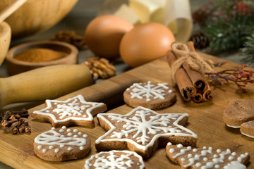 Time for Christmas baking. Recipe Christmas gingerbread. Culinary background. on the table laid out products for the preparation of cookies. 