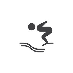 Jumping from a dive board into the water vector icon. filled flat sign for mobile concept and web design. Diving swimming sport glyph icon. Symbol, logo illustration. Pixel perfect vector graphics