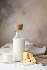 composition of dairy products on a light background. cottage cheese, cheese and milk