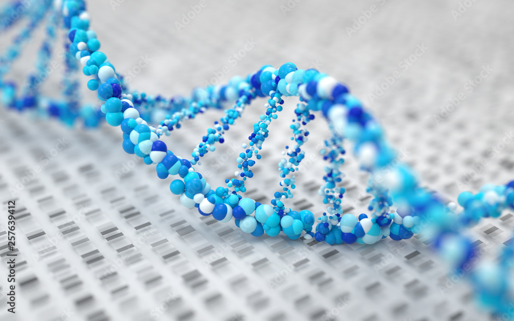 Poster dna molecules, structure of the genetic code, 3d rendering,conceptual image.