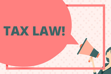 Handwriting text writing Tax Law. Conceptual photo governmental assessment upon property value or transactions Huge Blank Speech Bubble Round Shape. Slim Woman Holding Colorful Megaphone