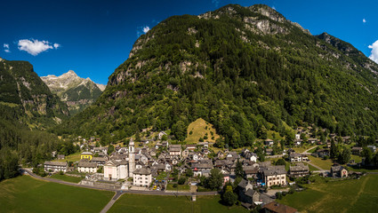 Fototapeta na wymiar The Village of Sonogno in Verzasca Valley near Locarno,Ticino Canton,Switzerland - aerial panorama image
