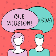 Word writing text Our Mission. Business photo showcasing serves as clear guide for choosing current and future goals Blank Faces of Male and Female with Colorful Blank Speech Bubble Overlaying