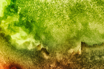 Creative, colorful macro image of fruity pulp. Abstract, fresh, fruity background with enhanced texture, fibers.