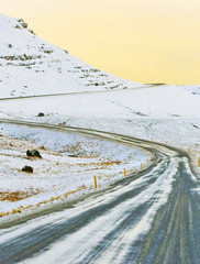 View of the icy road in winter in Iceland.