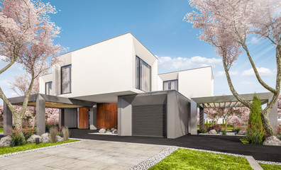 Fototapeta na wymiar 3d rendering of modern cozy house in the garden with garage. Fresh spring day with a blooming trees. For sale or rent with flowers of sakura on background.