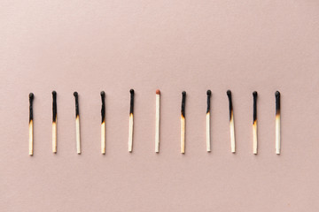 One unburnt match among burnt ones on light background. Concept of uniqueness