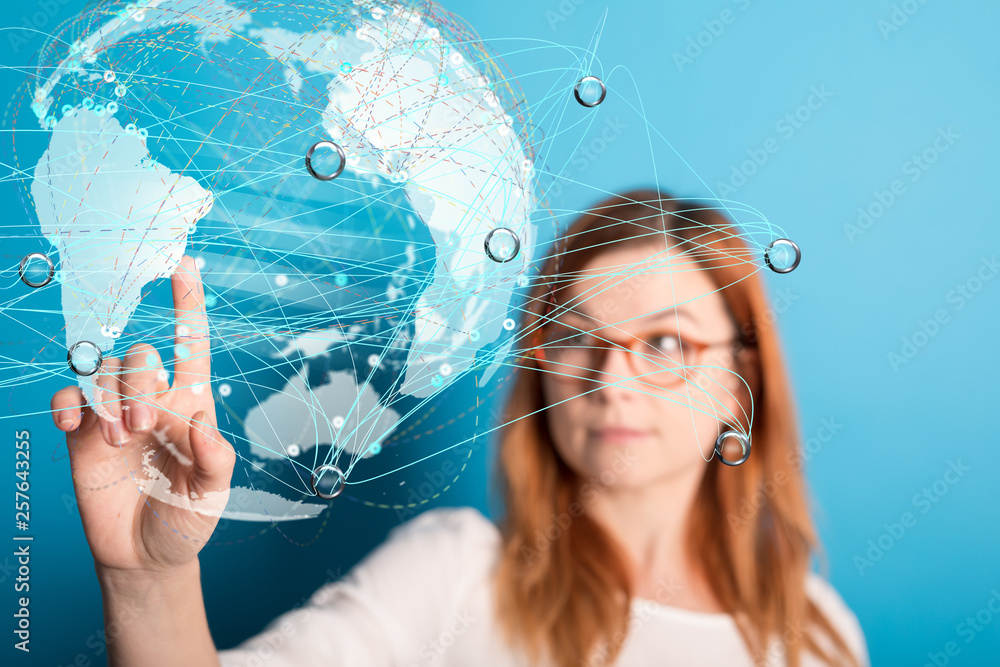 Poster Businessman touching global network and data exchanges over the world 3D rendering
