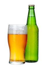 Fresh beer glass and bottle close up isolated on white background