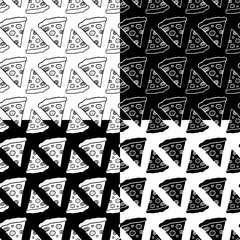 Cute cartoon pizza pattern set with hand drawn pizza slices. Sweet vector black and white pizza pattern set. Seamless monochrome doodle pizza pattern set for fabric, wallpapers, wrapping and web.