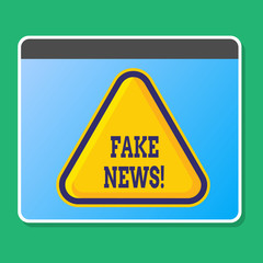 Obraz premium Handwriting text writing Fake News. Conceptual photo false stories that appear to spread on internet using other media Blank Yellow Embossed Triangle with Border as Web Button In Tablet Screen