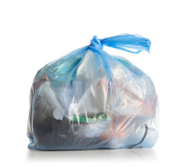 Polyethylene bag with garbage on white background