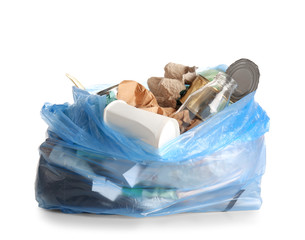 Polyethylene bag with garbage on white background