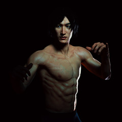 Asian man in Bruce Lee pose