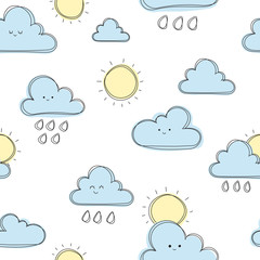 Obraz premium Sun with clouds cute seamless pattern, cartoon vector illustration, background for kids, wallpapper, pattern for scrapbooking