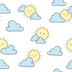 Cute sun with clouds background, cute seamless pattern, cartoon vector illustration,  background for kids, wallpapper, pattern for scrapbooking