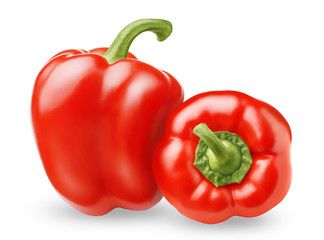 Isolated peppers. Two red bell peppers isolated on white background with clipping path