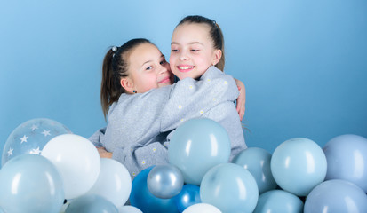 Balloon theme party. Girls best friends near air balloons. Birthday party. Happiness and cheerful moments. Carefree childhood. Start this party. Sisters organize home party. Having fun concept