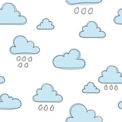 Clouds with drops and rain. Cute seamless pattern with clouds, cartoon vector illustration, background for kids, wallpapper, pattern for scrapbooking