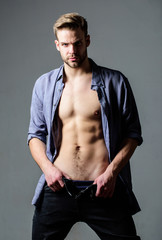 Male fashion and beauty. Six pack of sexy man with torso. Athlete man, hair care. Muscular trainer...