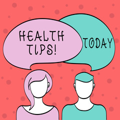 Word writing text Health Tips. Business photo showcasing state of complete physical mental and social well being advices Blank Faces of Male and Female with Colorful Blank Speech Bubble Overlaying
