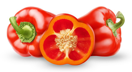 Isolated peppers. Three red bell whole and sliced peppers isolated on white background with clipping path